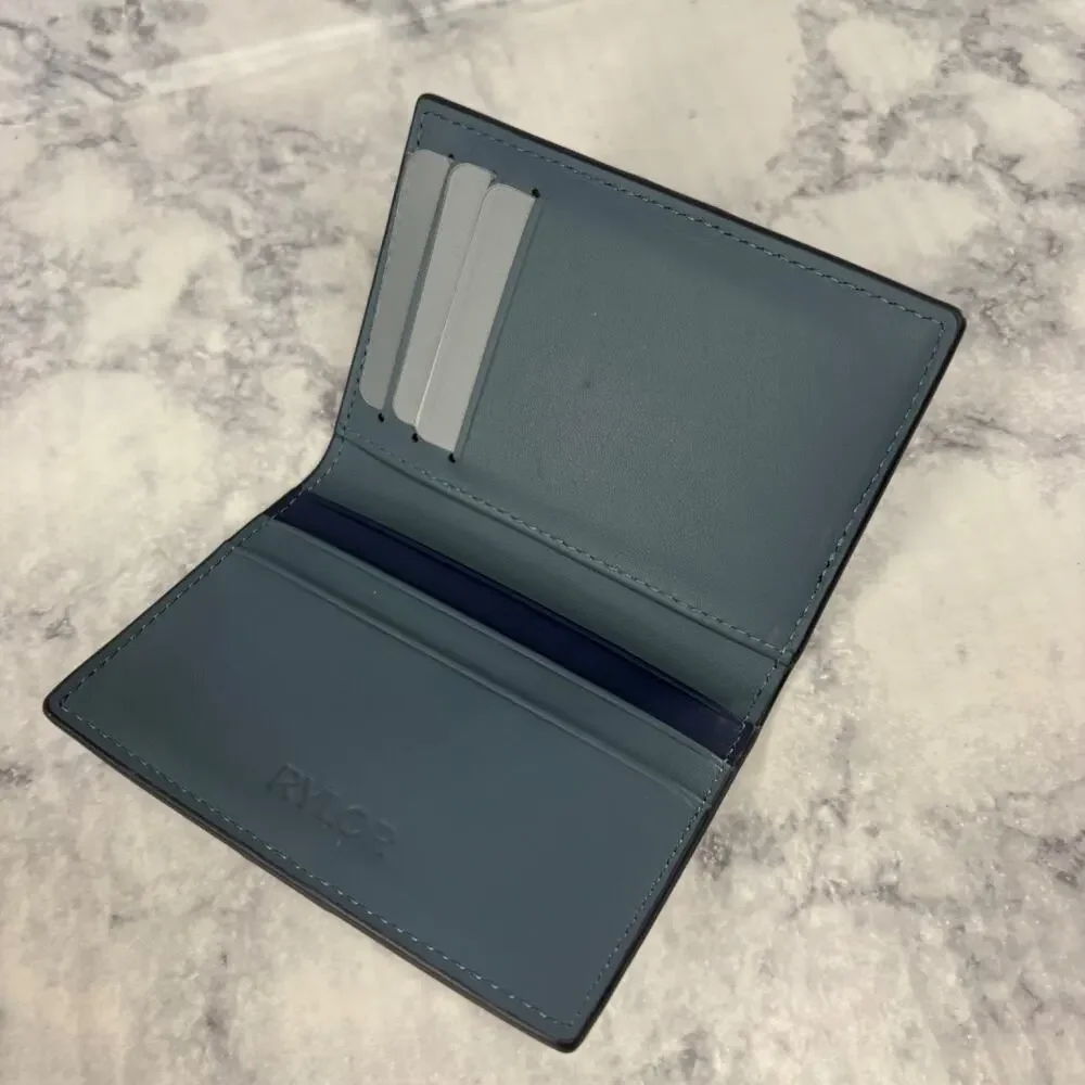 New RYLOR Stripe Bifold Luxury Oiled Leather Wallet Blue Wedding Gift Slim Card